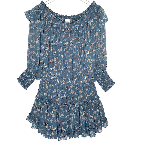 MISA Los Angeles Katryna Off Shoulder Ruffle Mini Dress Blue Floral M Cottage - Picture 2 of 9